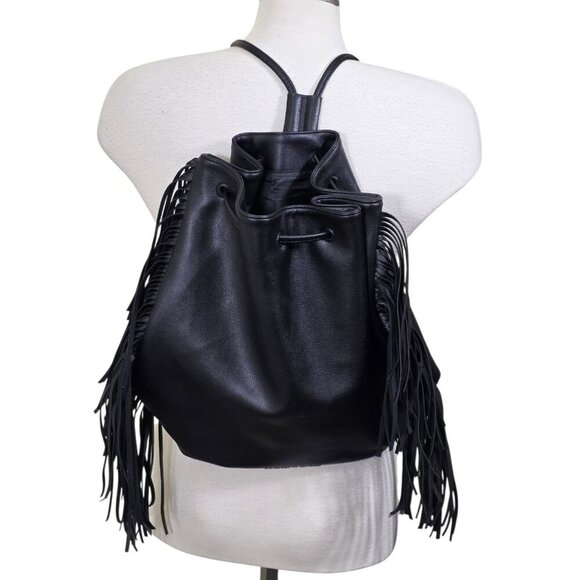 Victorias Secret Black Hobo Backpack Fashion Show Bag Fringe Drawstring Purse - Picture 2 of 6